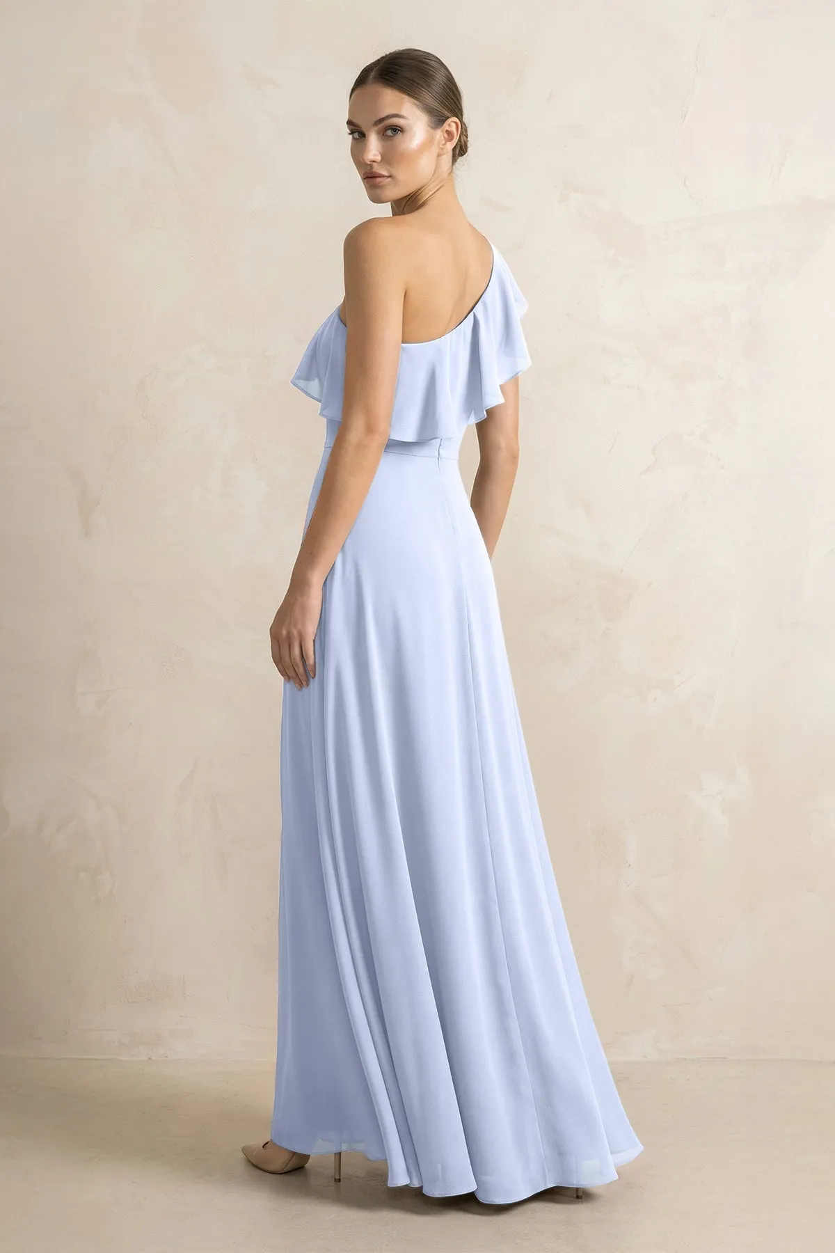 Ruffled One-Shoulder A-Line Chiffon Bridesmaid Dress in Ice sold by KissProm product image thumbnail 2