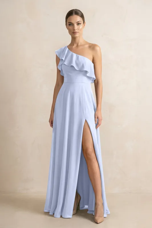 Ruffled One-Shoulder A-Line Chiffon Bridesmaid Dress in Ice made by KissProm