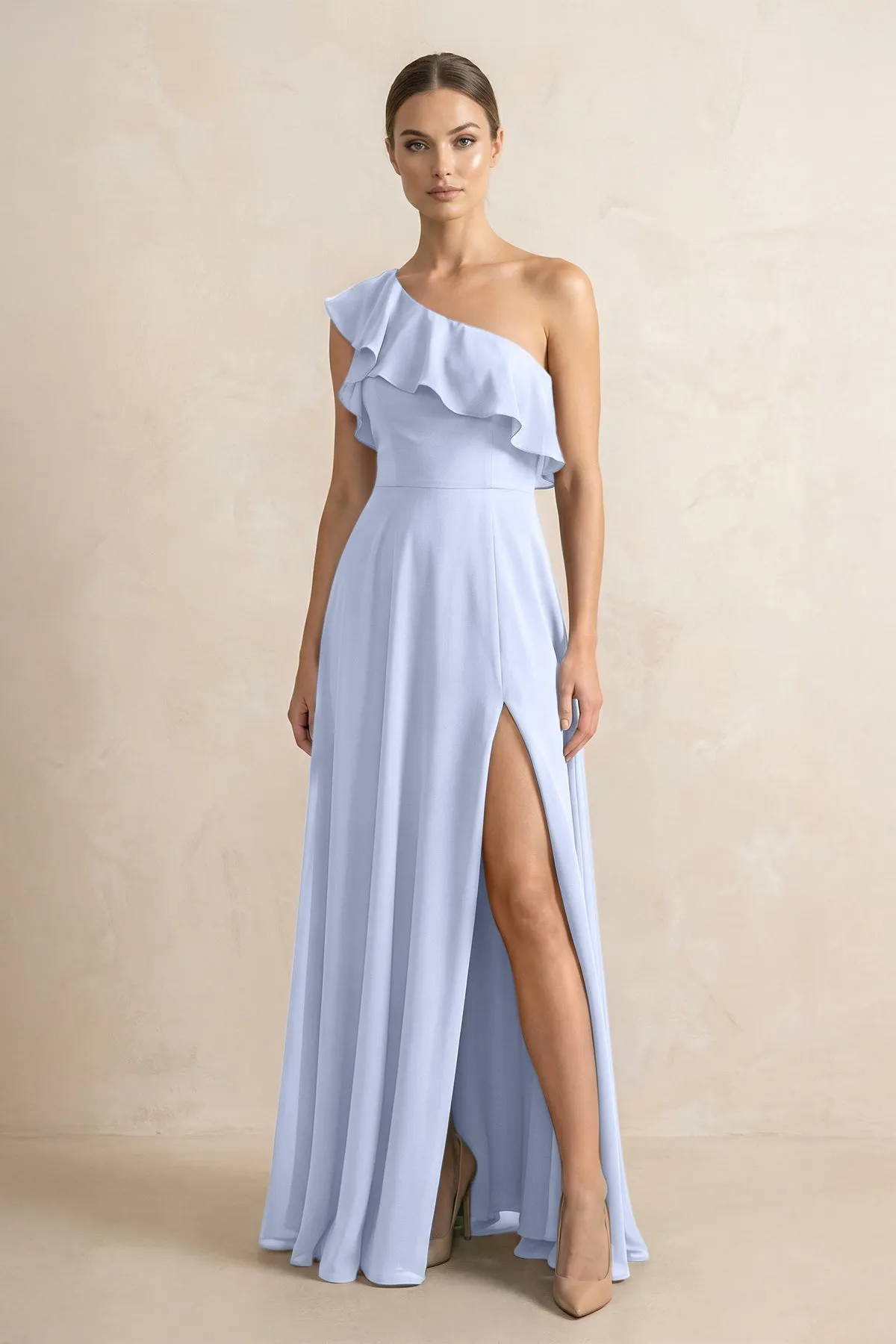 Ruffled One-Shoulder A-Line Chiffon Bridesmaid Dress in Ice sold by KissProm