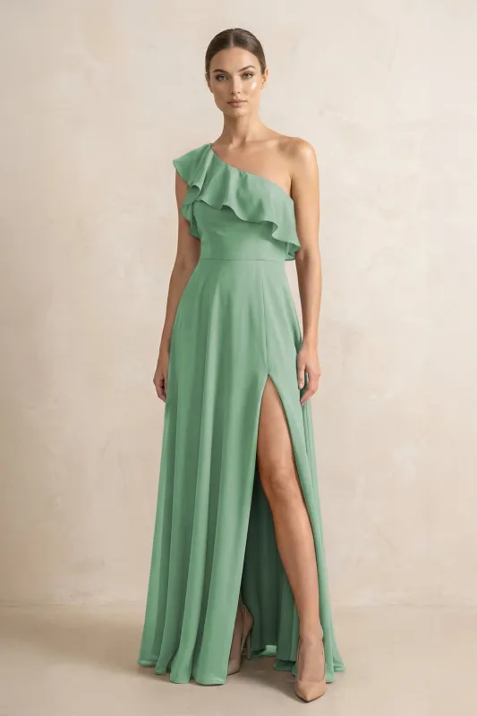 Ruffled One-Shoulder A-Line Chiffon Bridesmaid Dress in Sea Glass made by KissProm