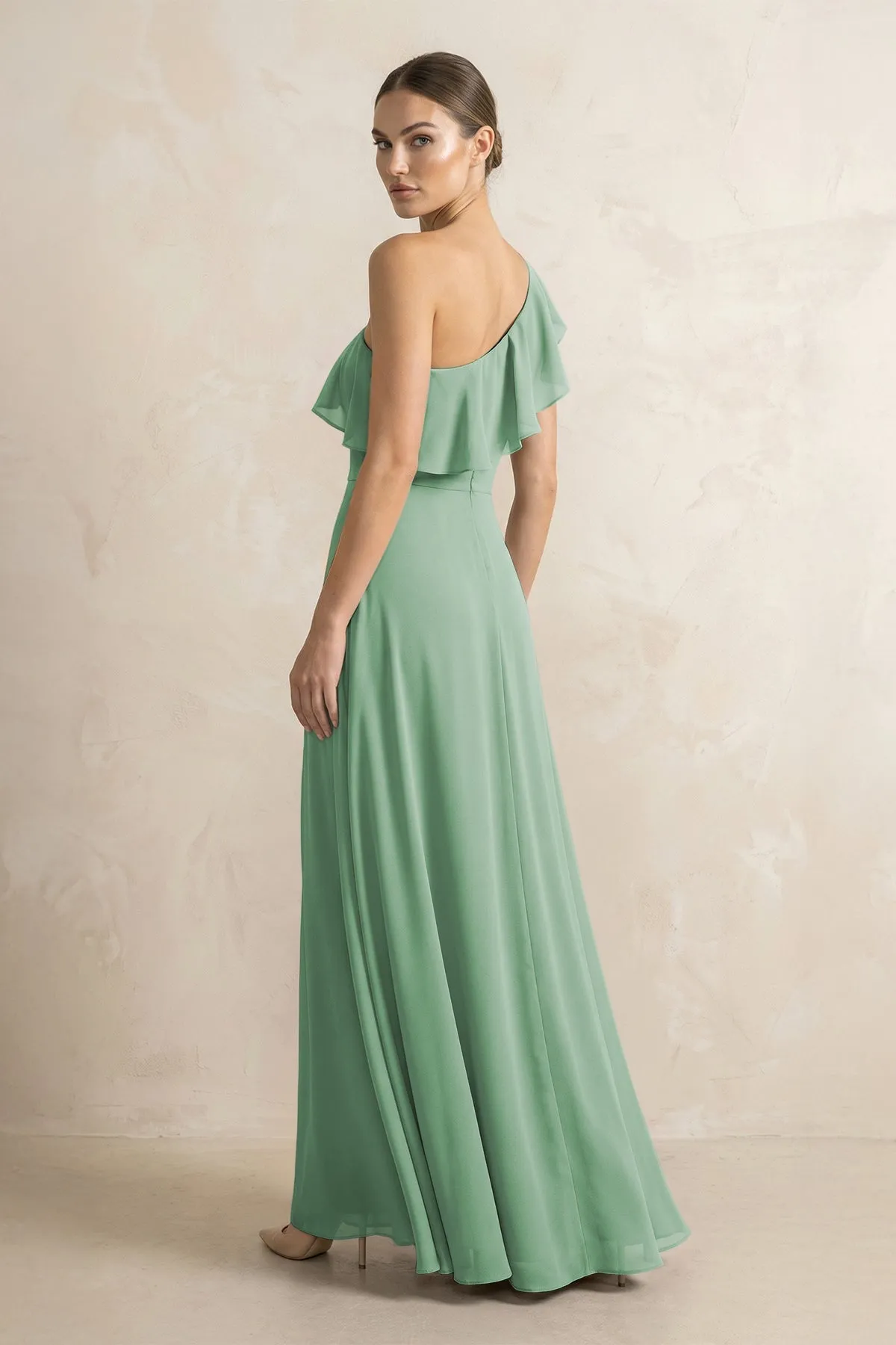 Ruffled One-Shoulder A-Line Chiffon Bridesmaid Dress in Sea Glass sold by KissProm product image thumbnail 2