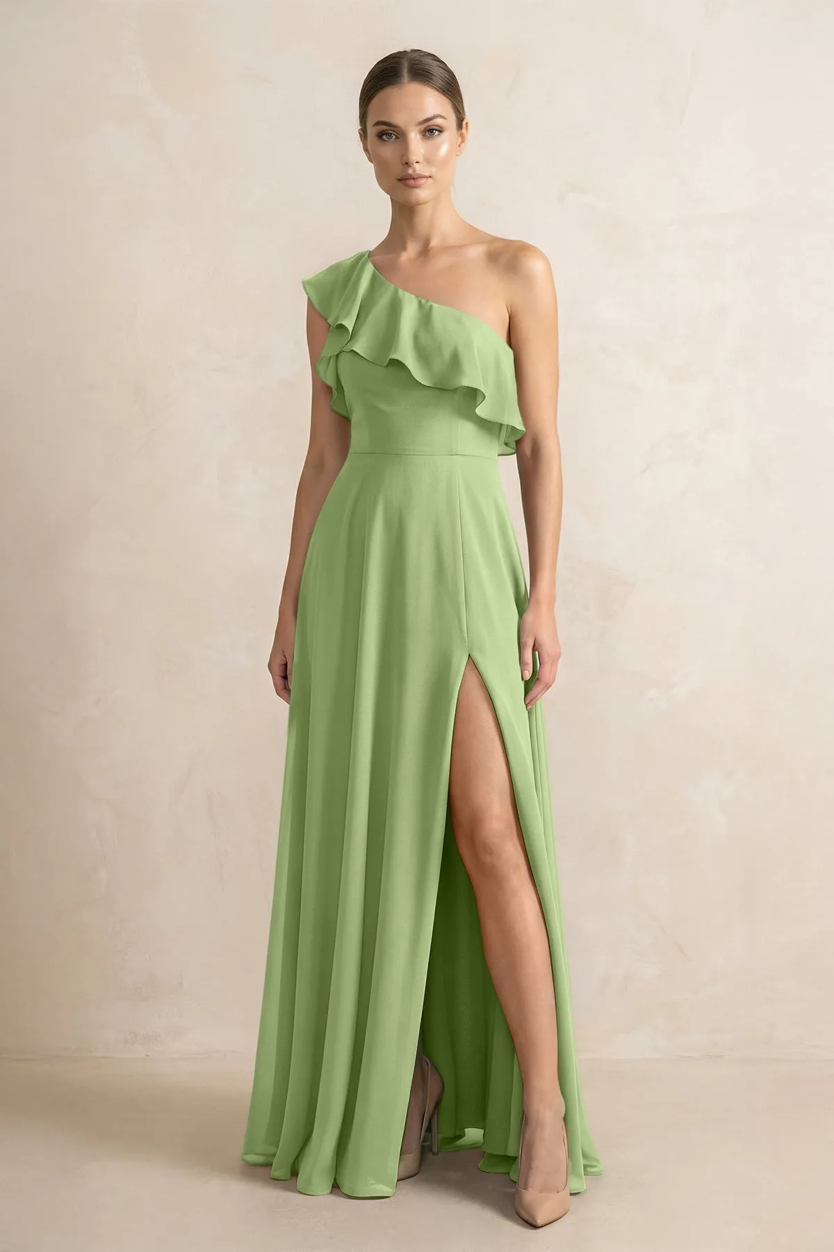 Ruffled One-Shoulder A-Line Chiffon Bridesmaid Dress in Matcha sold by KissProm