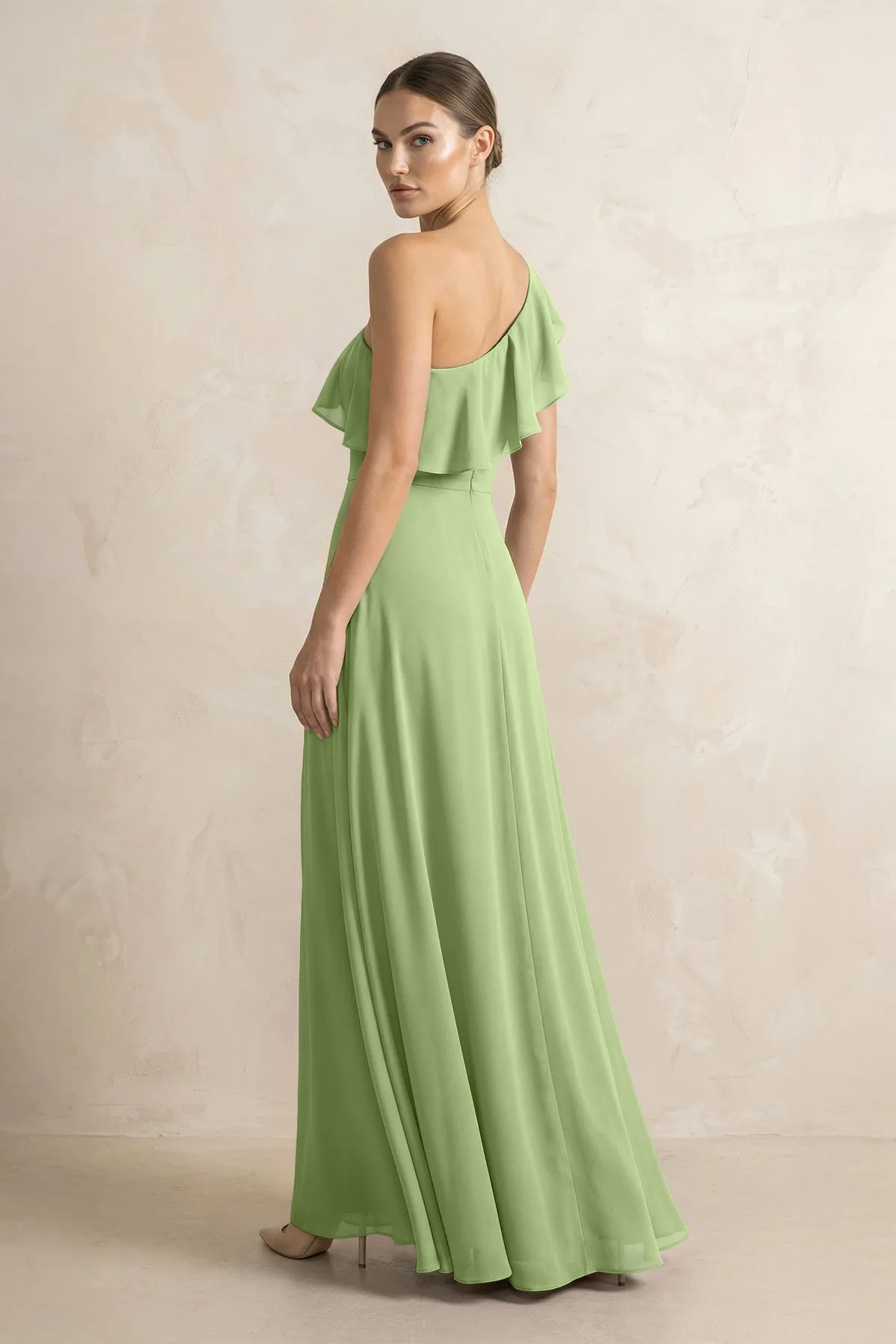 Ruffled One-Shoulder A-Line Chiffon Bridesmaid Dress in Matcha sold by KissProm product image thumbnail 2