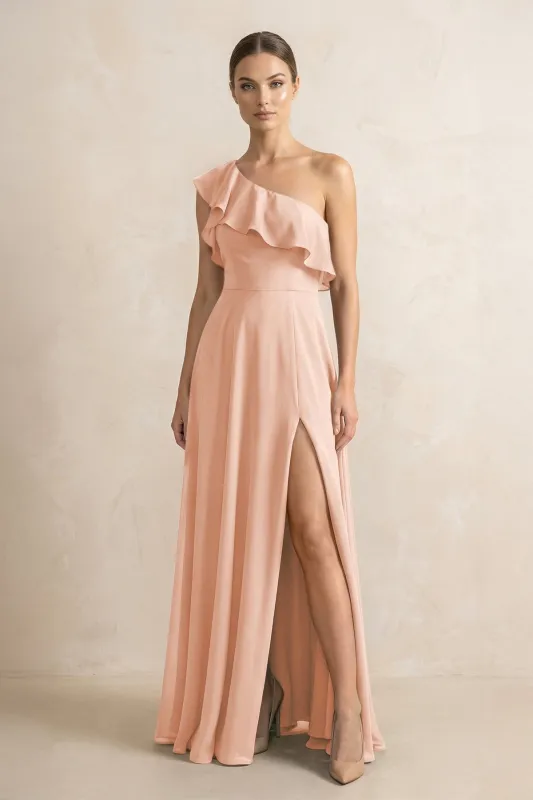 Ruffled One-Shoulder A-Line Chiffon Bridesmaid Dress in English Rose made by KissProm