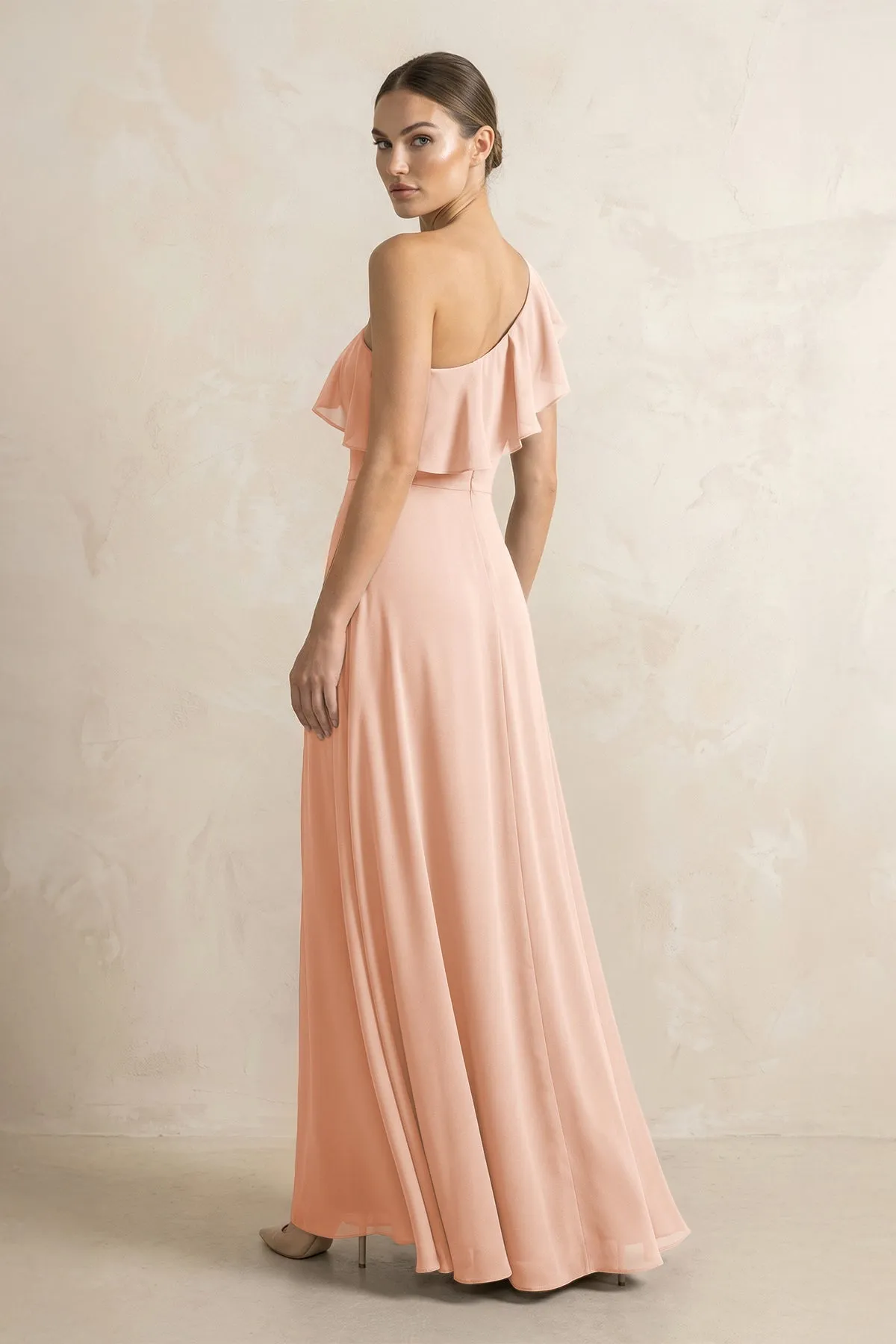 Ruffled One-Shoulder A-Line Chiffon Bridesmaid Dress in English Rose sold by KissProm product image thumbnail 2