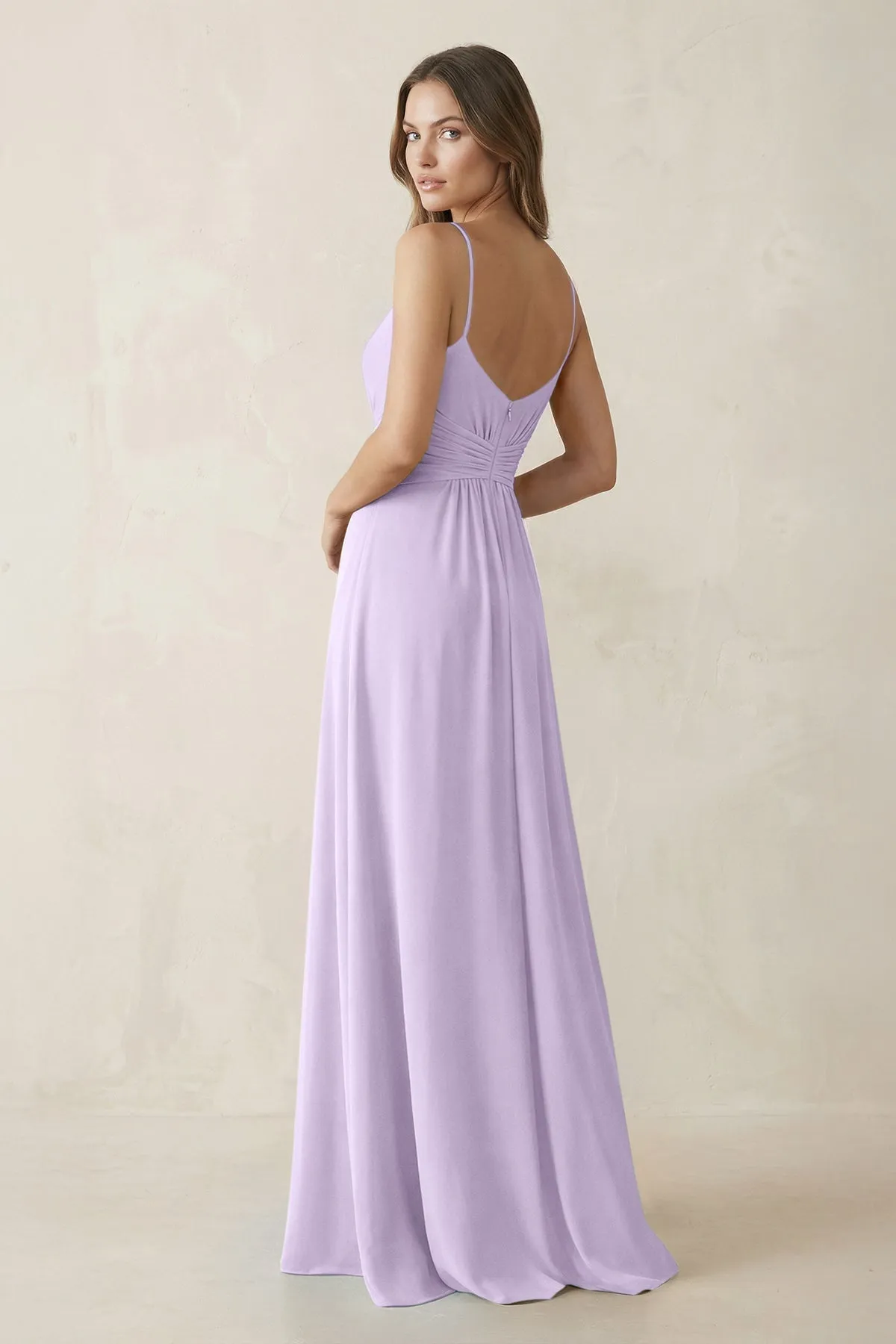 Spaghetti Strap Ruched Chiffon A-Line Bridesmaid Dress in Lavender sold by KissProm product image thumbnail 2