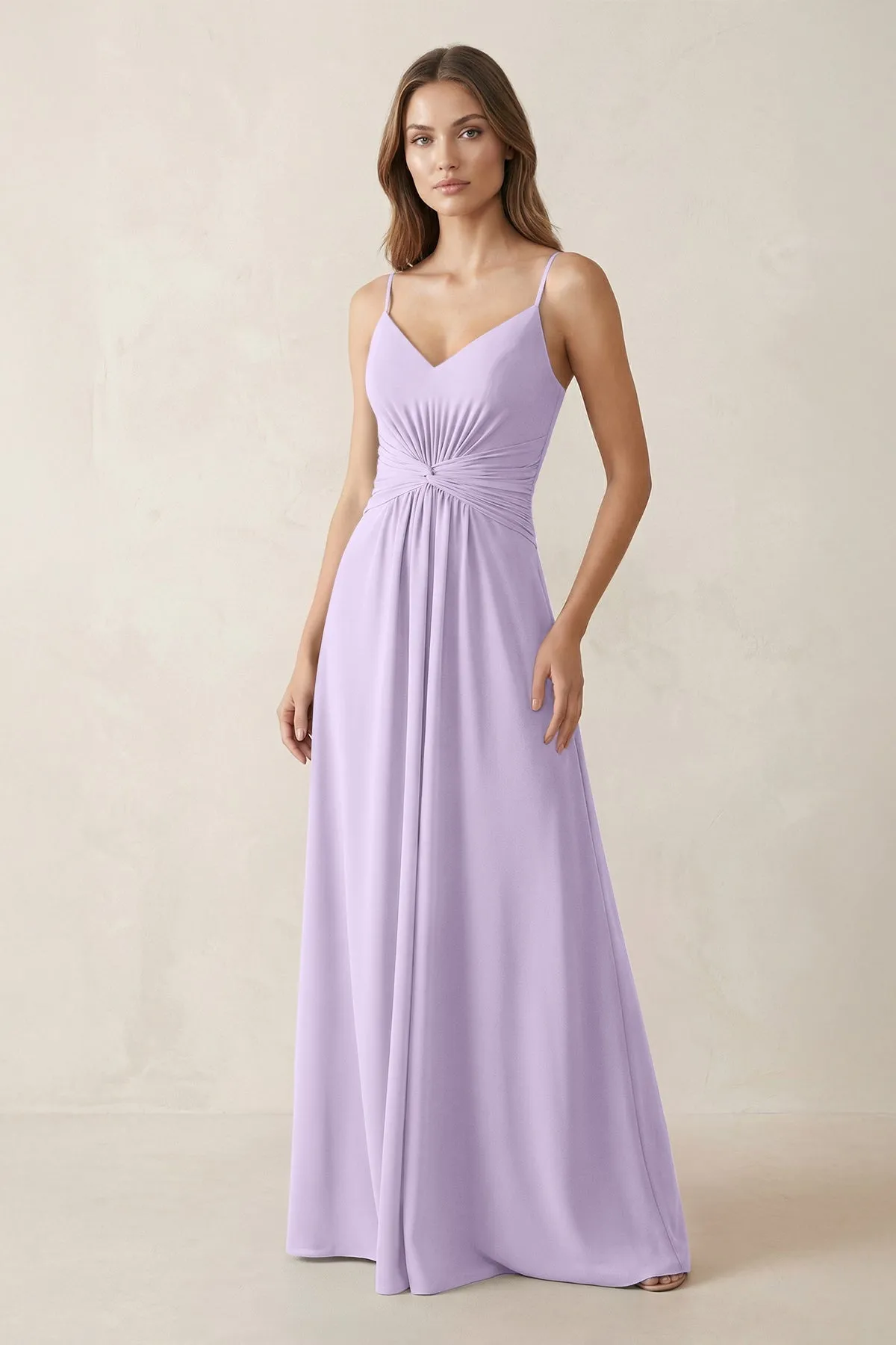 Spaghetti Strap Ruched Chiffon A-Line Bridesmaid Dress in Lavender sold by KissProm