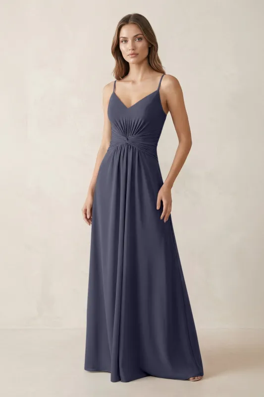 Spaghetti Strap Ruched Chiffon A-Line Bridesmaid Dress in Dusk Blue made by KissProm