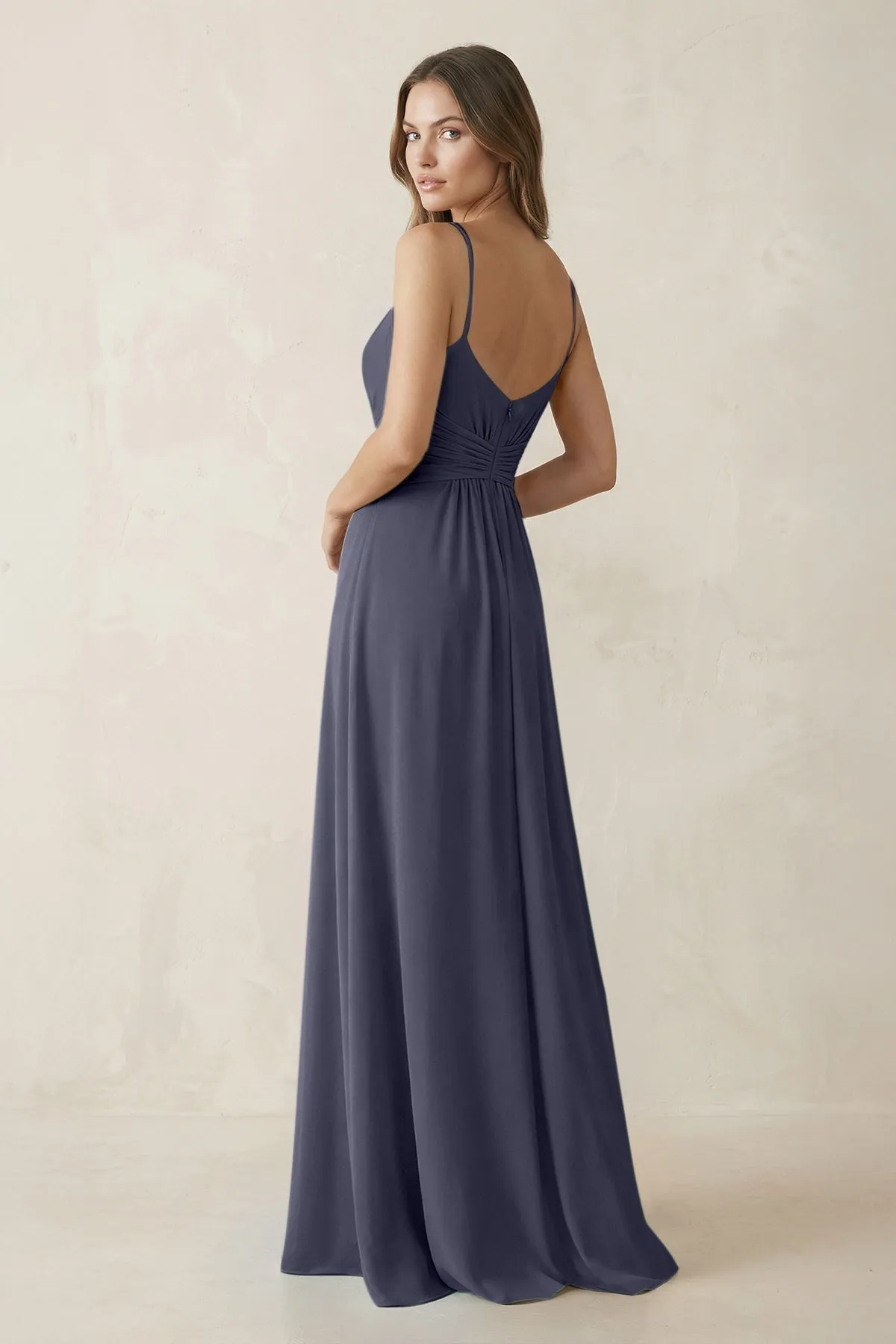 Spaghetti Strap Ruched Chiffon A-Line Bridesmaid Dress in Dusk Blue sold by KissProm product image thumbnail 2
