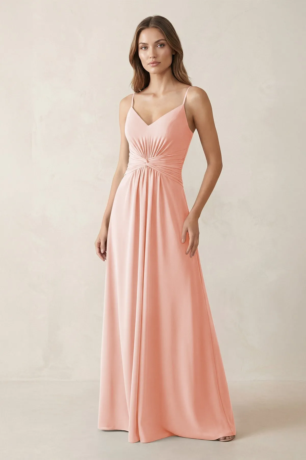 Spaghetti Strap Ruched Chiffon A-Line Bridesmaid Dress in Rose Petal sold by KissProm