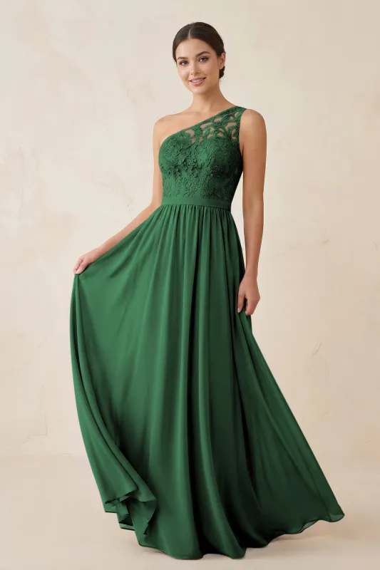 One-Shoulder Lace Chiffon A-Line Bridesmaid Dress in Dark Green made by KissProm