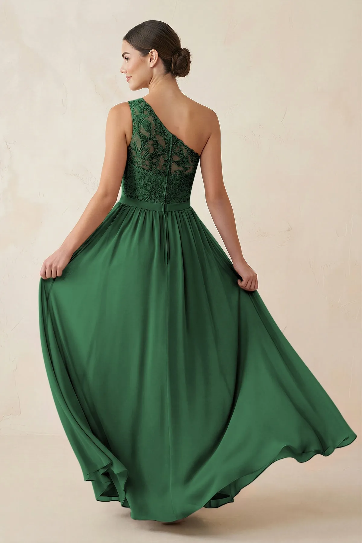 One-Shoulder Lace Chiffon A-Line Bridesmaid Dress in Dark Green sold by KissProm product image thumbnail 2