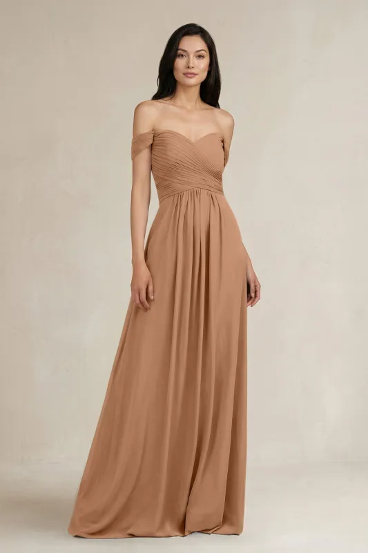 A-Line Pleated Off-the-Shoulder Chiffon Bridesmaid Dress in Bronzer made by KissProm