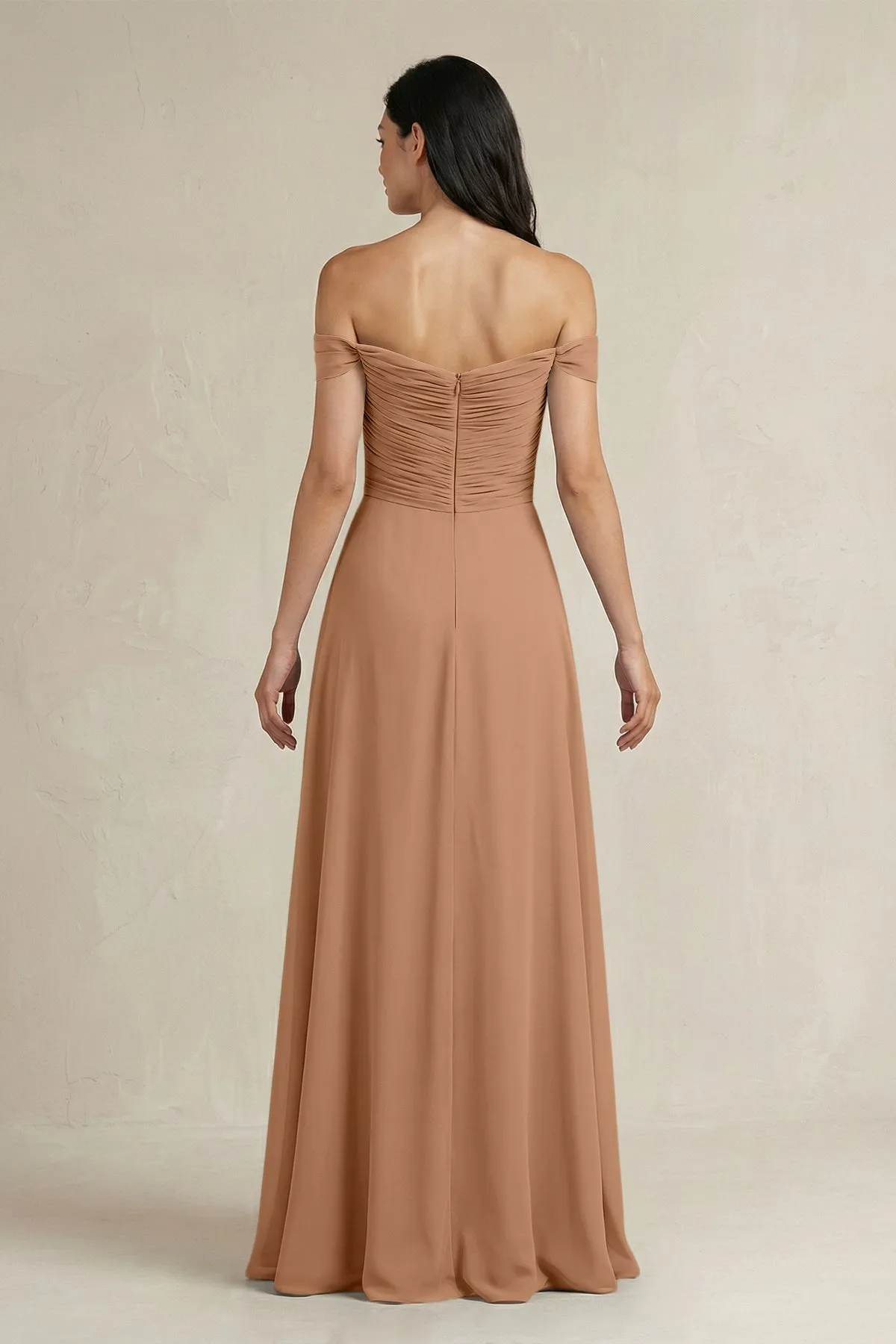 A-Line Pleated Off-the-Shoulder Chiffon Bridesmaid Dress in Bronzer sold by KissProm product image thumbnail 2