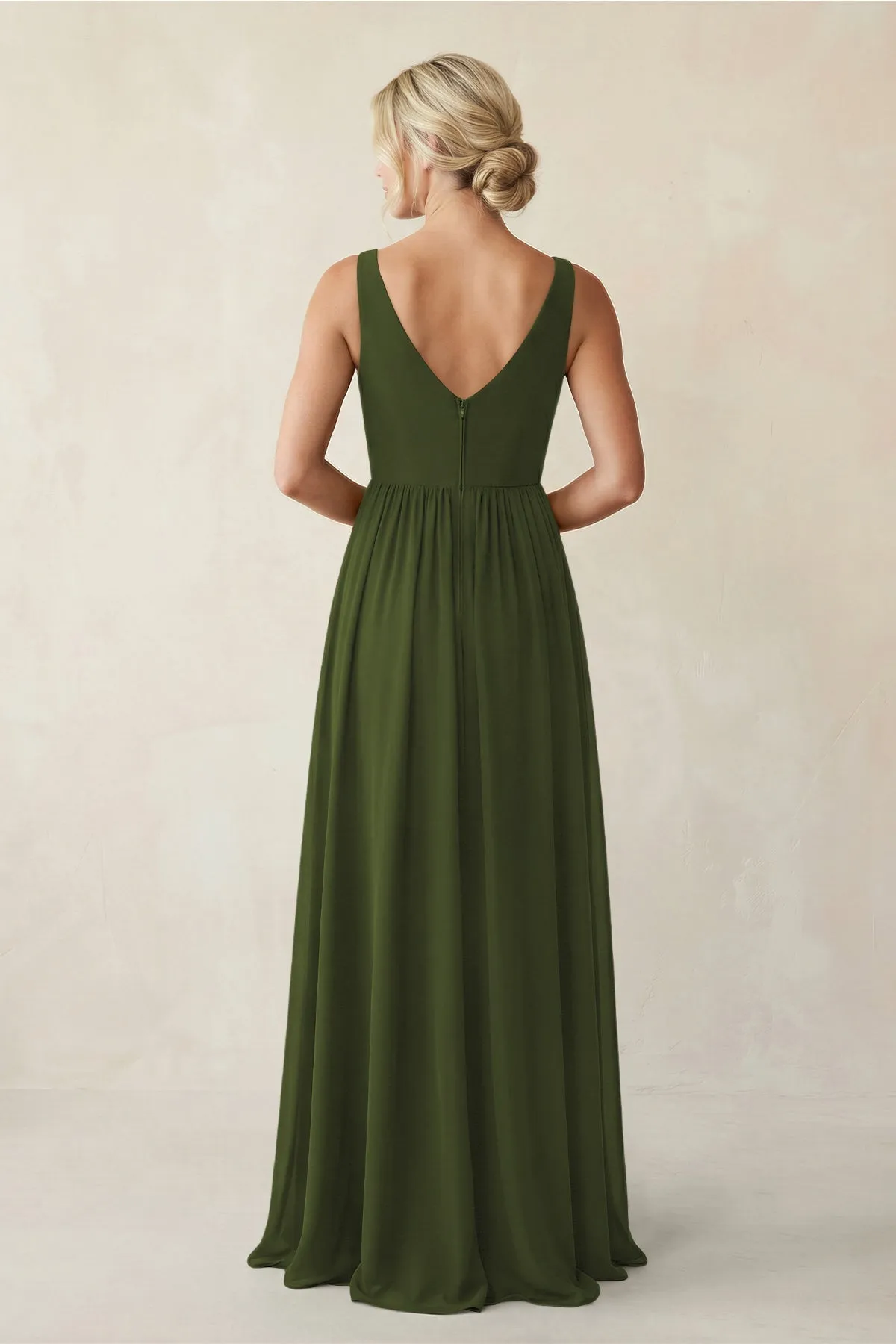 A-Line V-Neck Pleated Chiffon Bridesmaid Dress in Olive sold by KissProm product image thumbnail 2