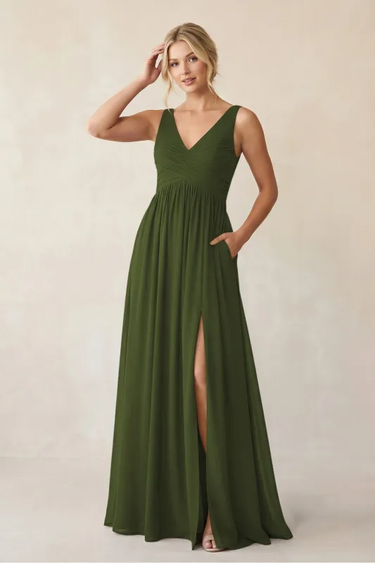 A-Line V-Neck Pleated Chiffon Bridesmaid Dress in Olive made by KissProm