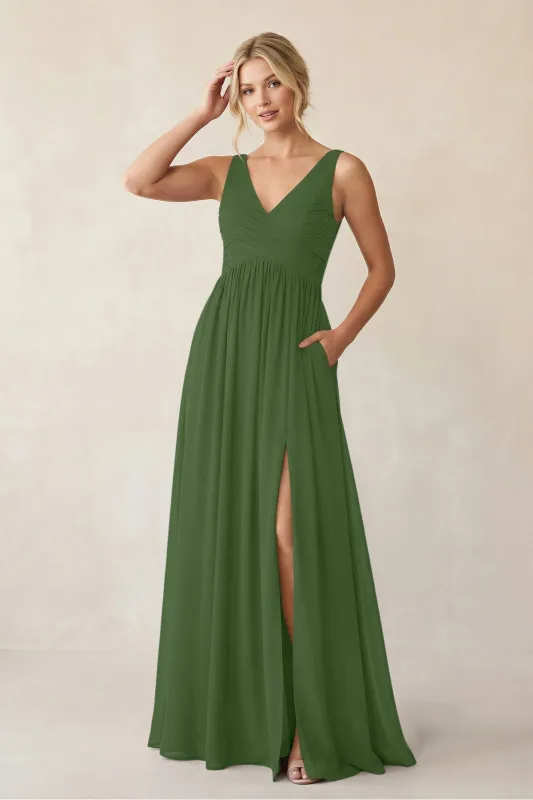A-Line V-Neck Pleated Chiffon Bridesmaid Dress in Moss made by KissProm