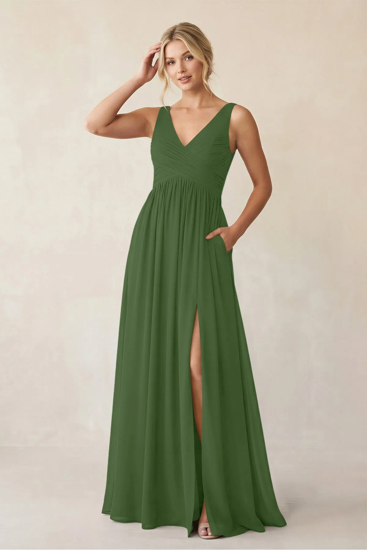 A-Line V-Neck Pleated Chiffon Bridesmaid Dress in Moss sold by KissProm