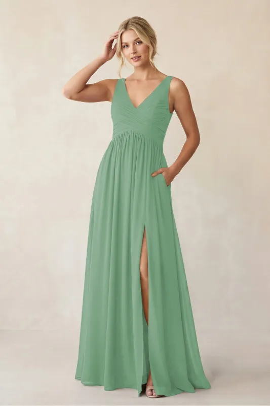 A-Line V-Neck Pleated Chiffon Bridesmaid Dress in Sea Glass made by KissProm