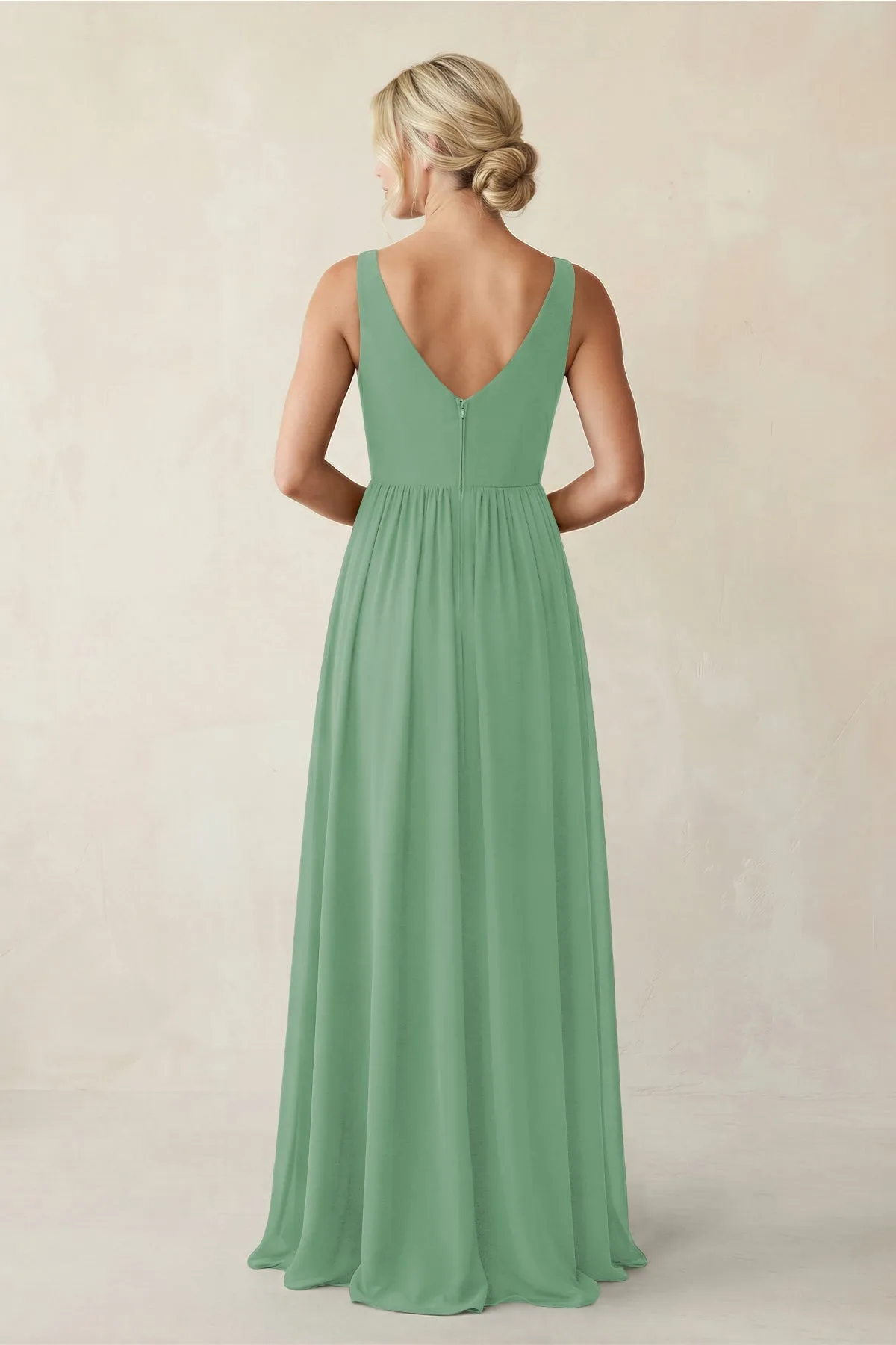 A-Line V-Neck Pleated Chiffon Bridesmaid Dress in Sea Glass sold by KissProm product image thumbnail 2
