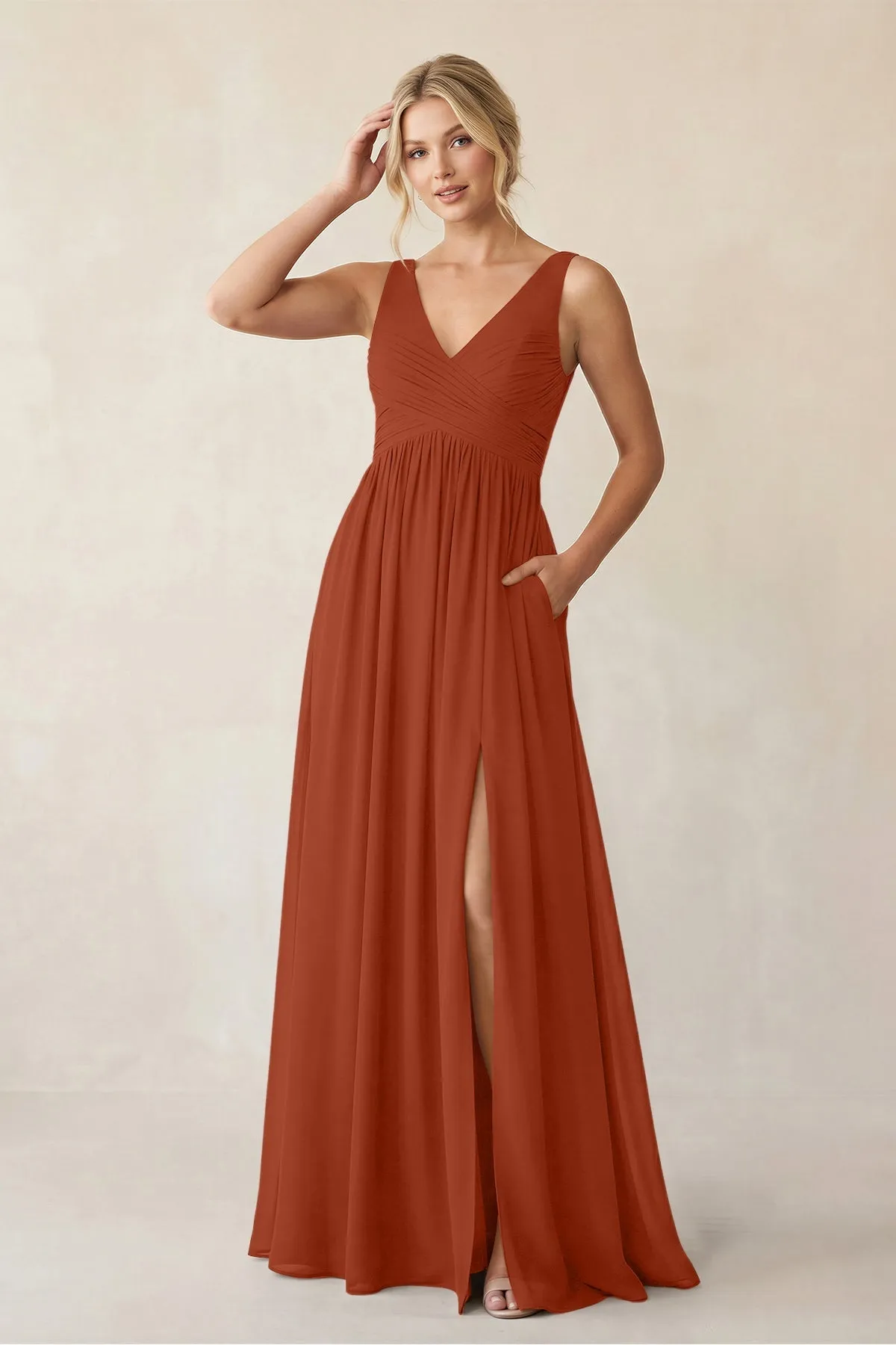 A-Line V-Neck Pleated Chiffon Bridesmaid Dress in Spice sold by KissProm
