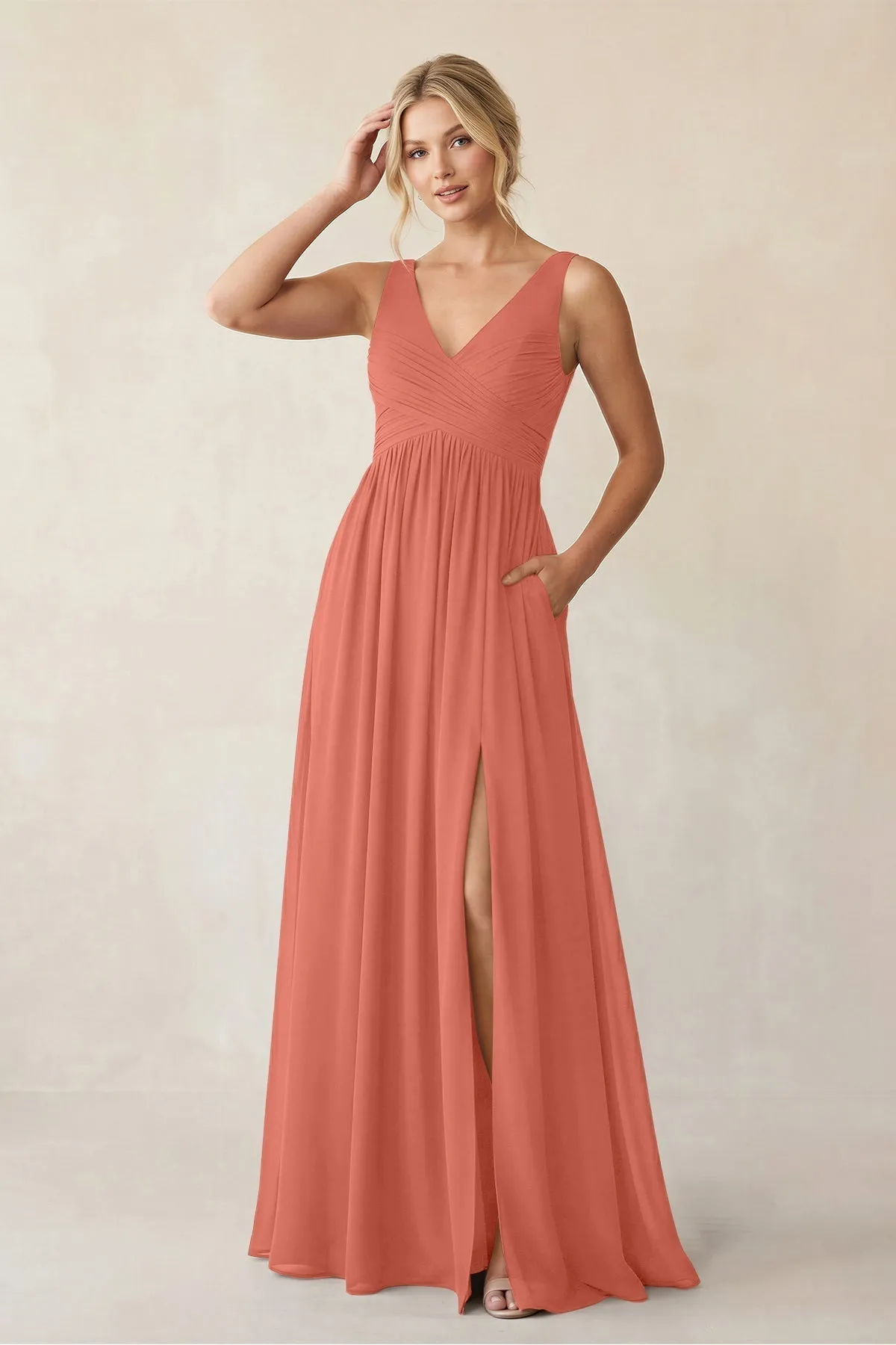 A-Line V-Neck Pleated Chiffon Bridesmaid Dress in Wild Rose sold by KissProm