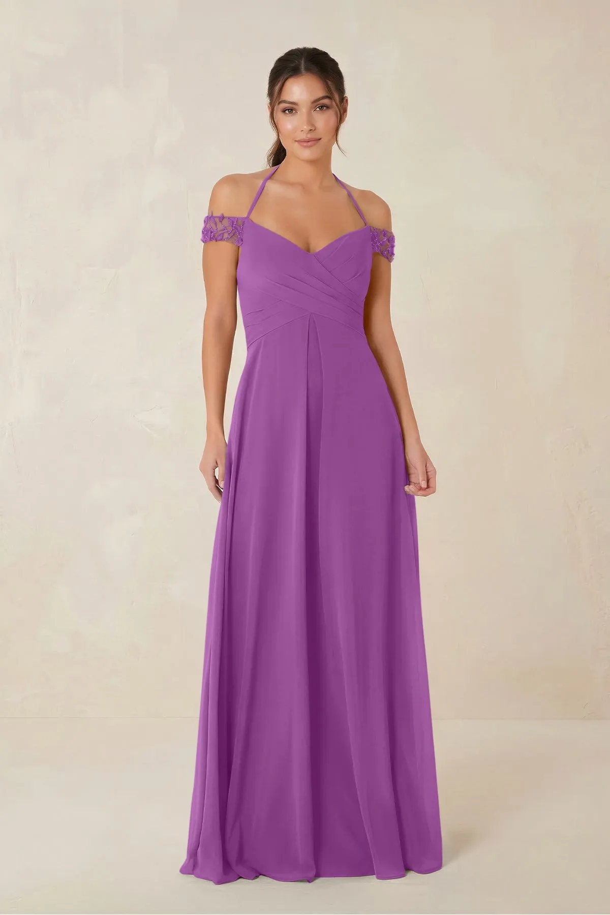 A-Line Off-the-Shoulder Chiffon Bridesmaid Dress in Amethyst sold by KissProm