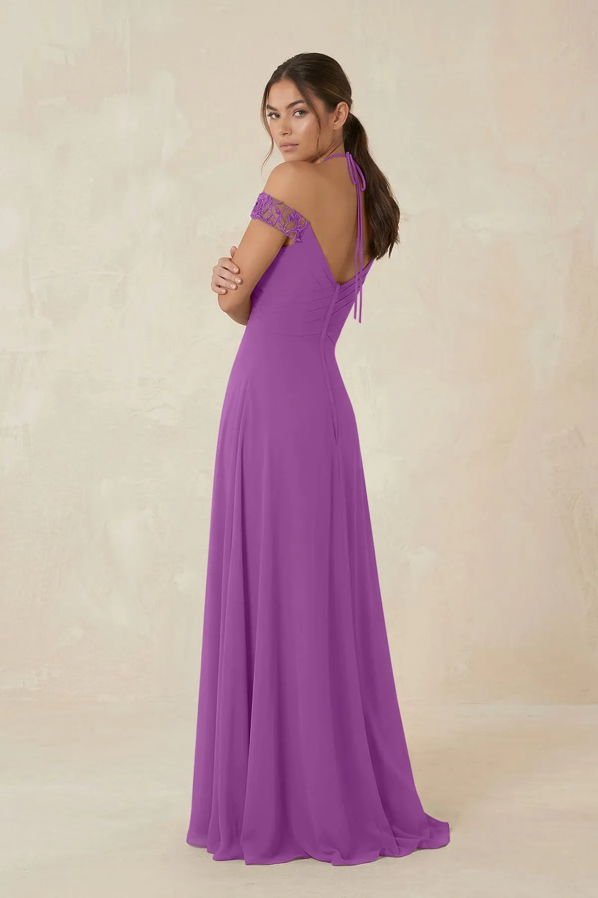 A-Line Off-the-Shoulder Chiffon Bridesmaid Dress in Amethyst sold by KissProm product image thumbnail 2