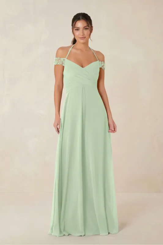 A-Line Off-the-Shoulder Chiffon Bridesmaid Dress in Sage made by KissProm