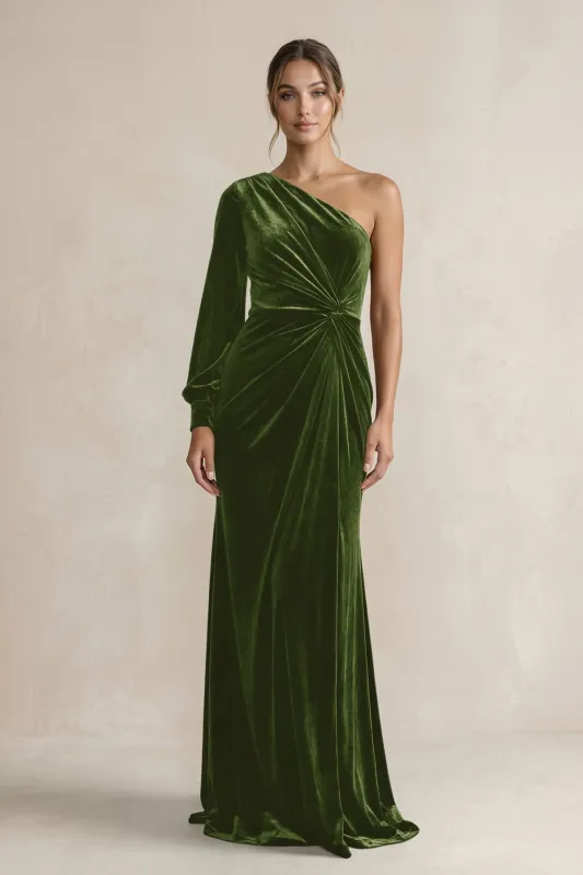 Velvet One Shoulder Sheath Long Sleeve Bridesmaid Dress in Olive made by KissProm