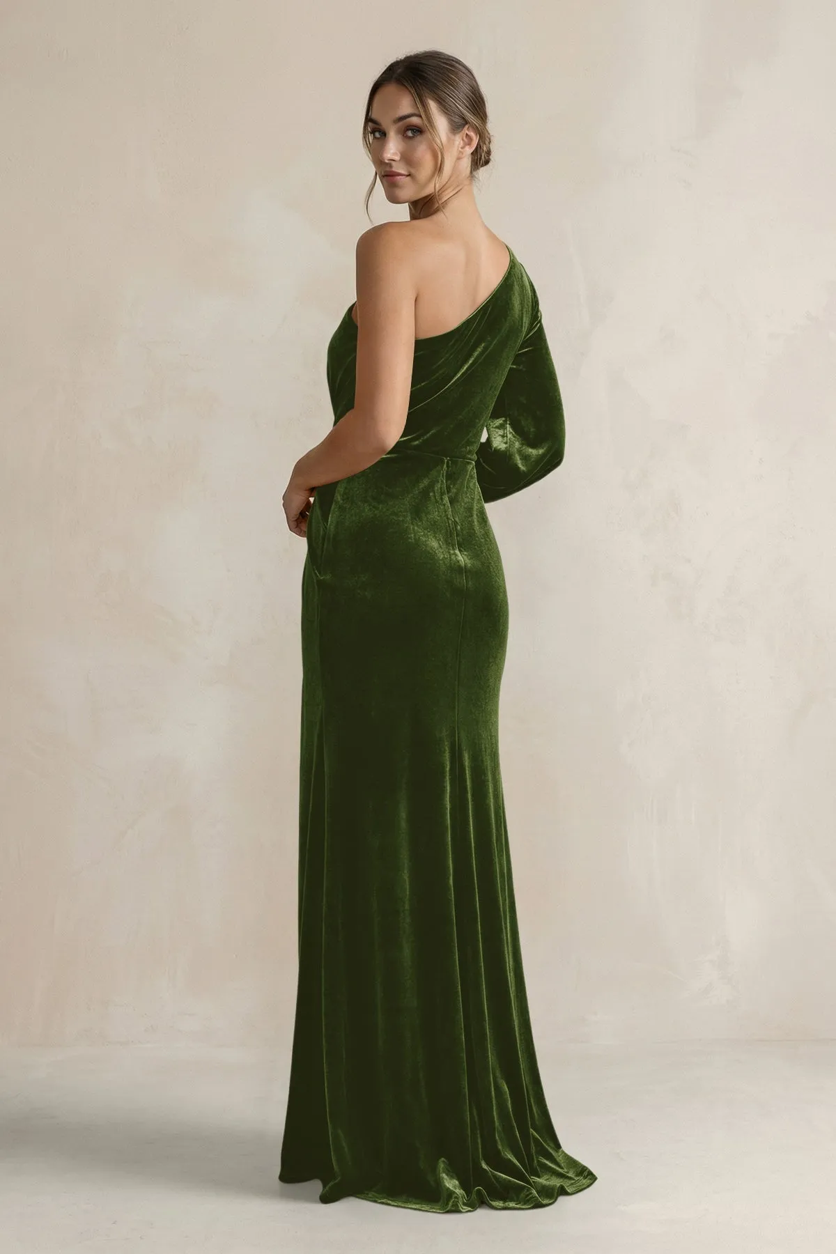 Velvet One Shoulder Sheath Long Sleeve Bridesmaid Dress in Olive sold by KissProm product image thumbnail 2