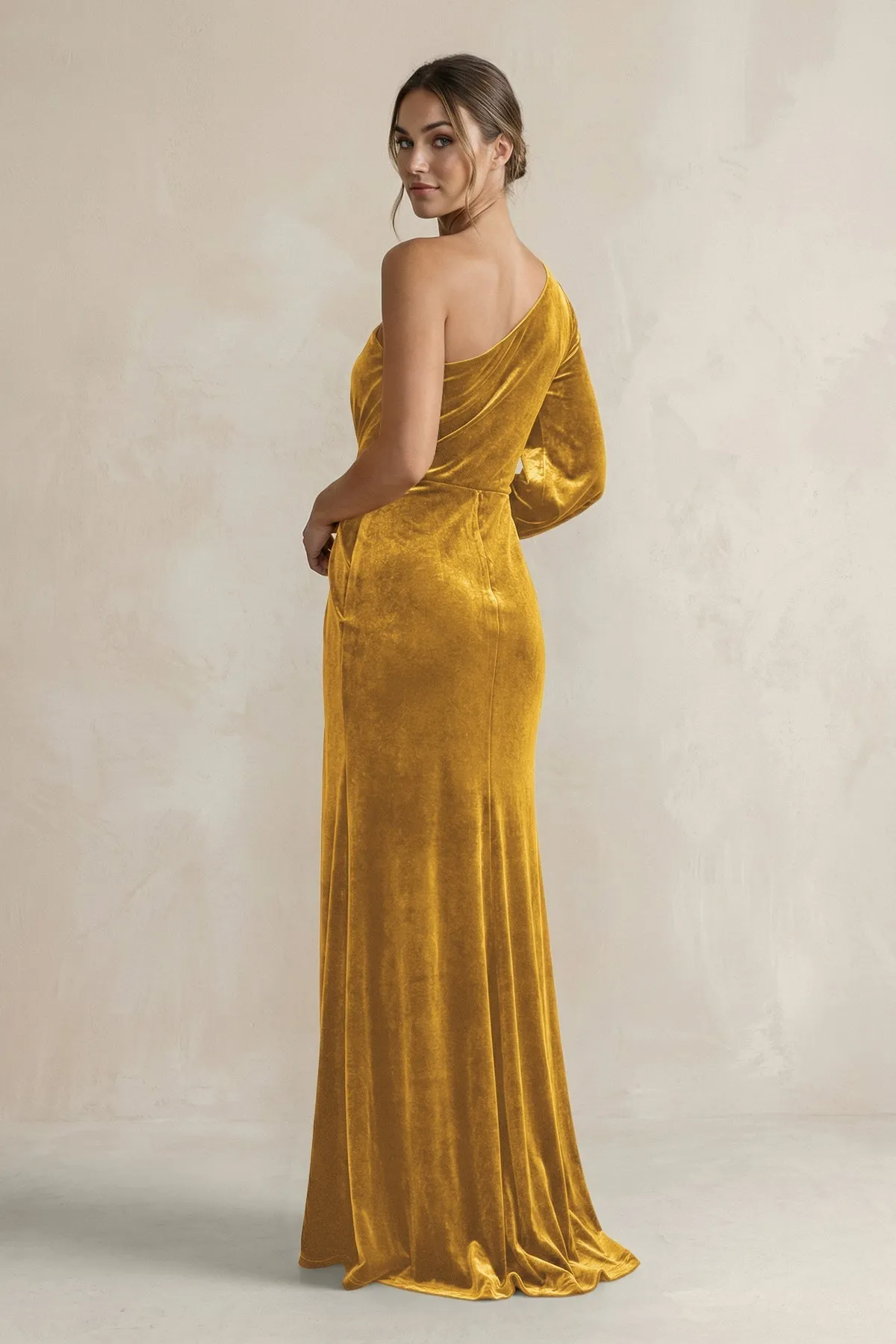 Velvet One Shoulder Sheath Long Sleeve Bridesmaid Dress in Marigold sold by KissProm product image thumbnail 2