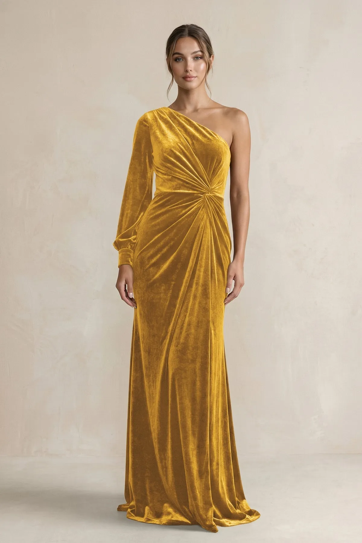 Velvet One Shoulder Sheath Long Sleeve Bridesmaid Dress in Marigold sold by KissProm