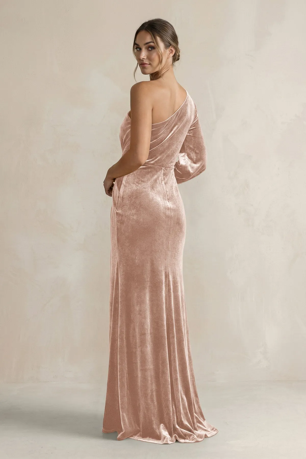 Velvet One Shoulder Sheath Long Sleeve Bridesmaid Dress in Champagne Rose sold by KissProm product image thumbnail 2