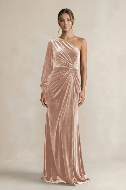 Velvet One Shoulder Sheath Long Sleeve Bridesmaid Dress in Champagne Rose made by KissProm