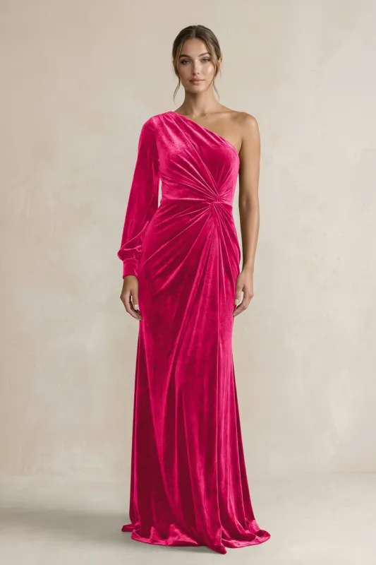 Velvet One Shoulder Sheath Long Sleeve Bridesmaid Dress in Fuchsia made by KissProm