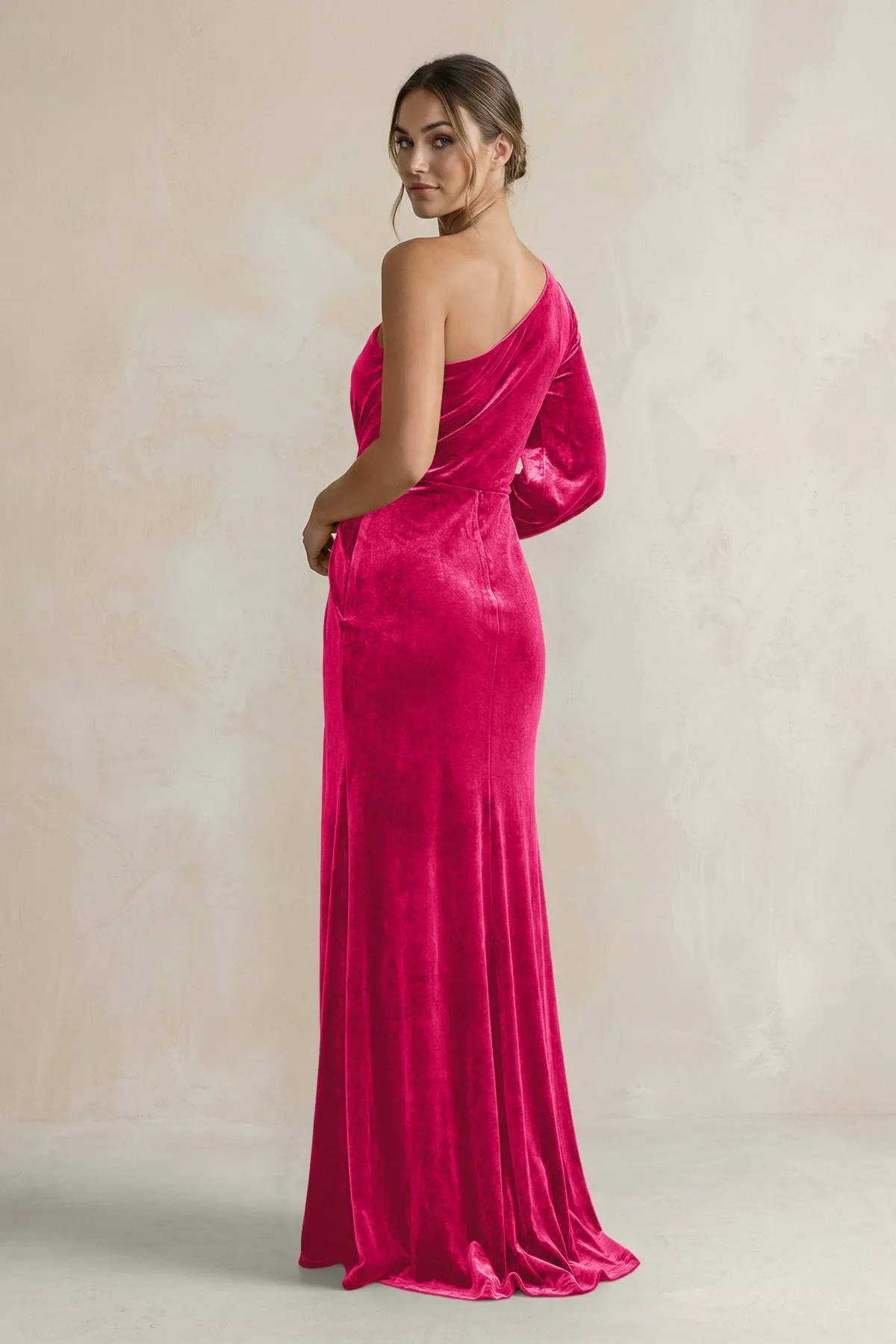 Velvet One Shoulder Sheath Long Sleeve Bridesmaid Dress in Fuchsia sold by KissProm product image thumbnail 2
