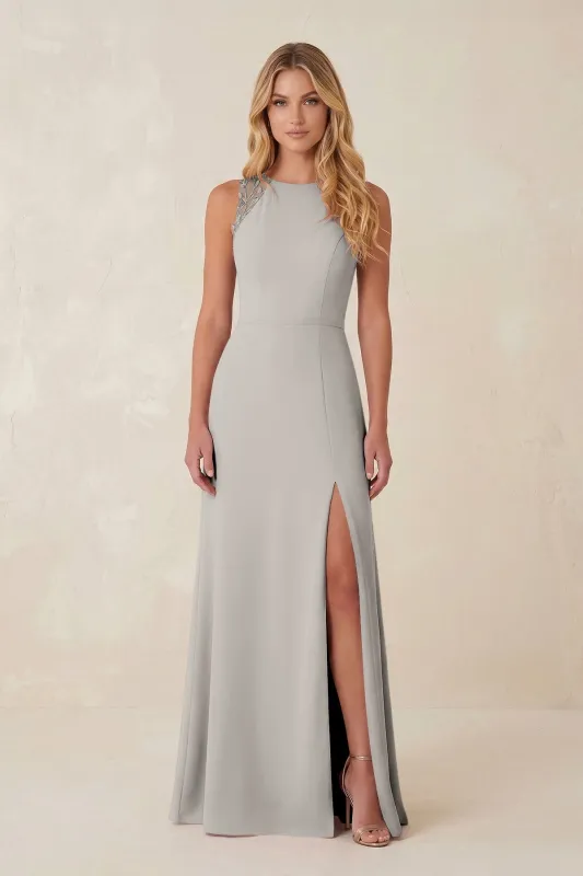Round Neck Sheath Chiffon Appliqued Bridesmaid Dress in Silver made by KissProm