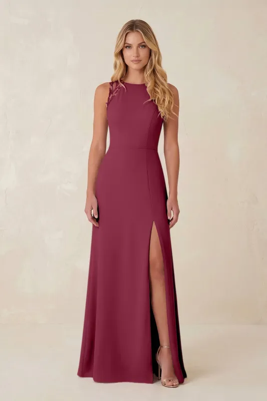 Round Neck Sheath Chiffon Appliqued Bridesmaid Dress in Desert Rose made by KissProm