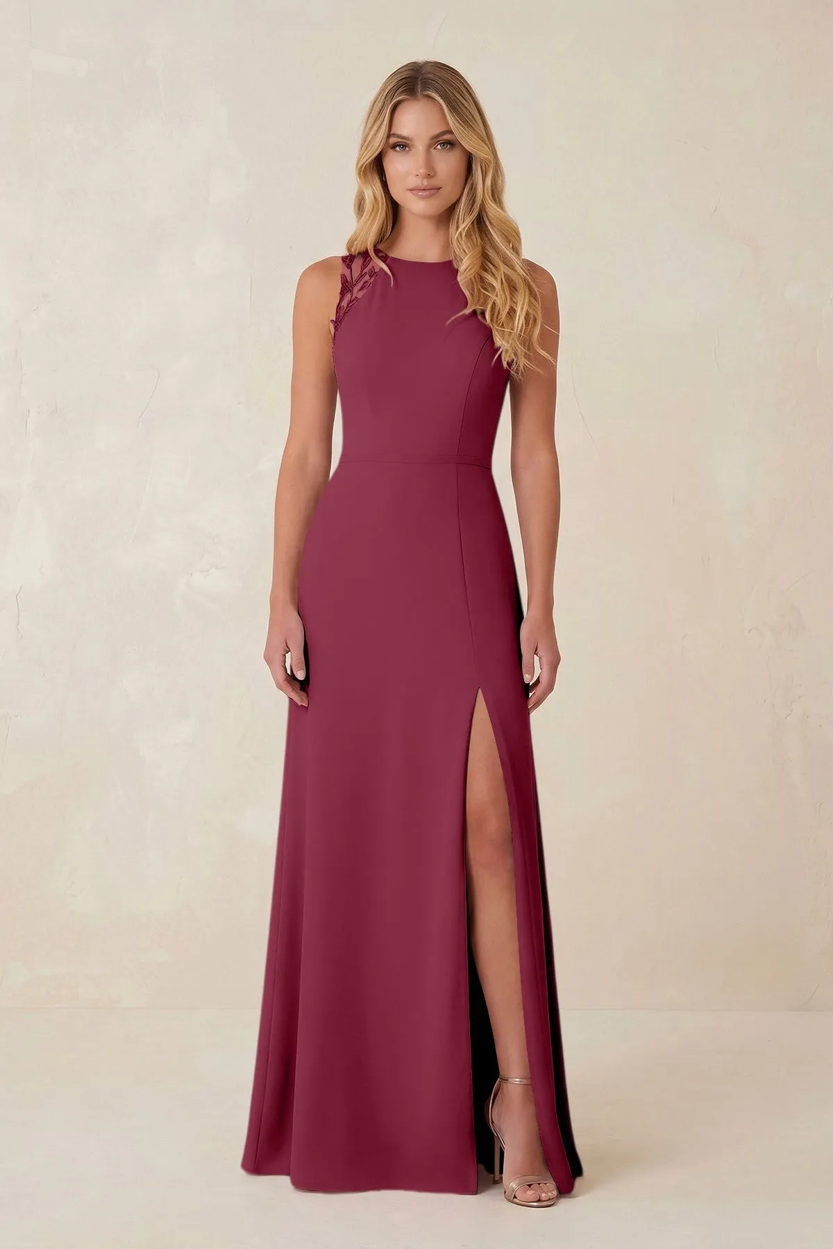 Round Neck Sheath Chiffon Appliqued Bridesmaid Dress in Desert Rose sold by KissProm