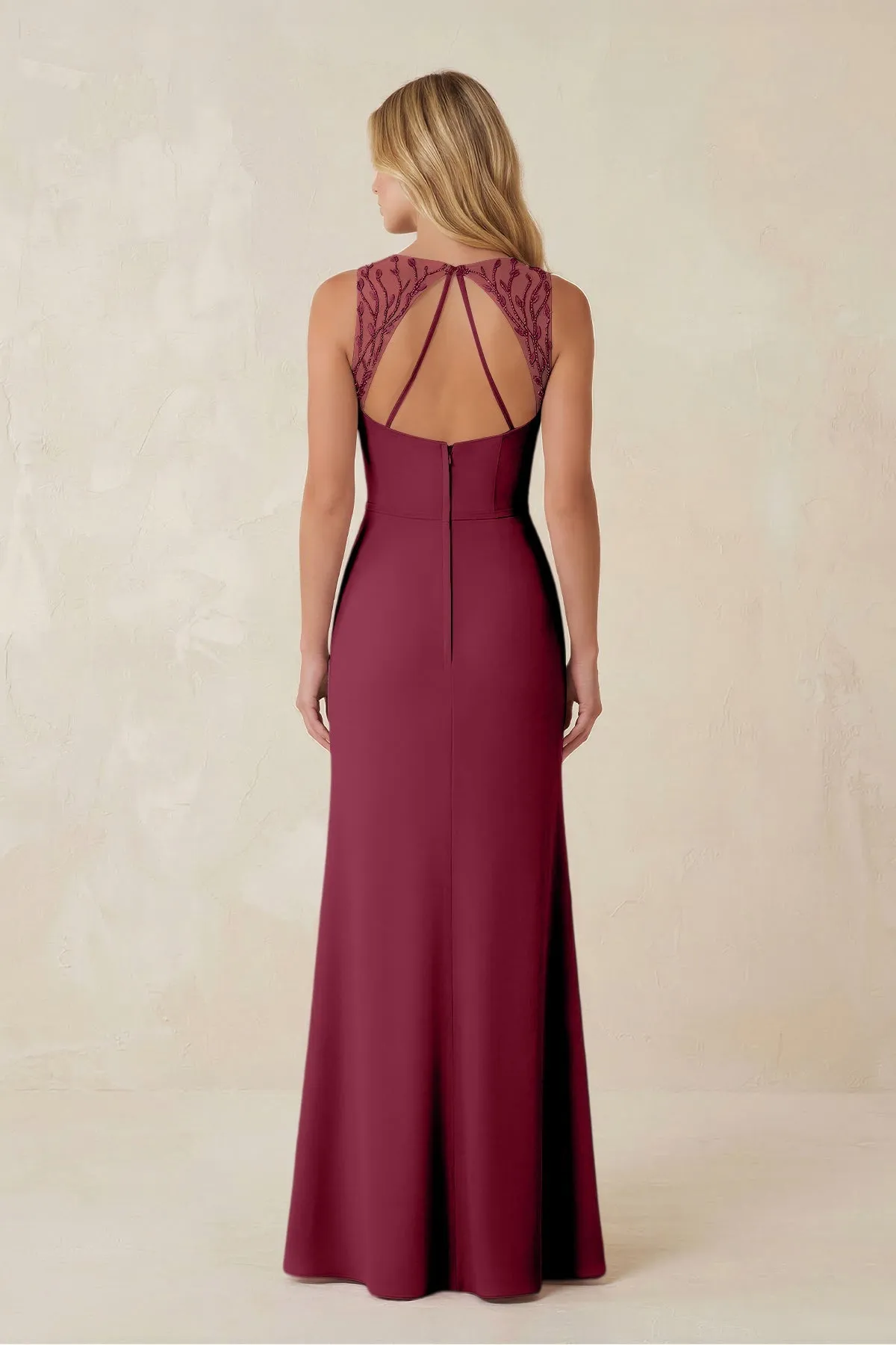 Round Neck Sheath Chiffon Appliqued Bridesmaid Dress in Desert Rose sold by KissProm product image thumbnail 2