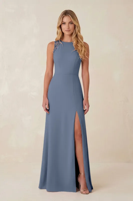 Round Neck Sheath Chiffon Appliqued Bridesmaid Dress in Neptune made by KissProm