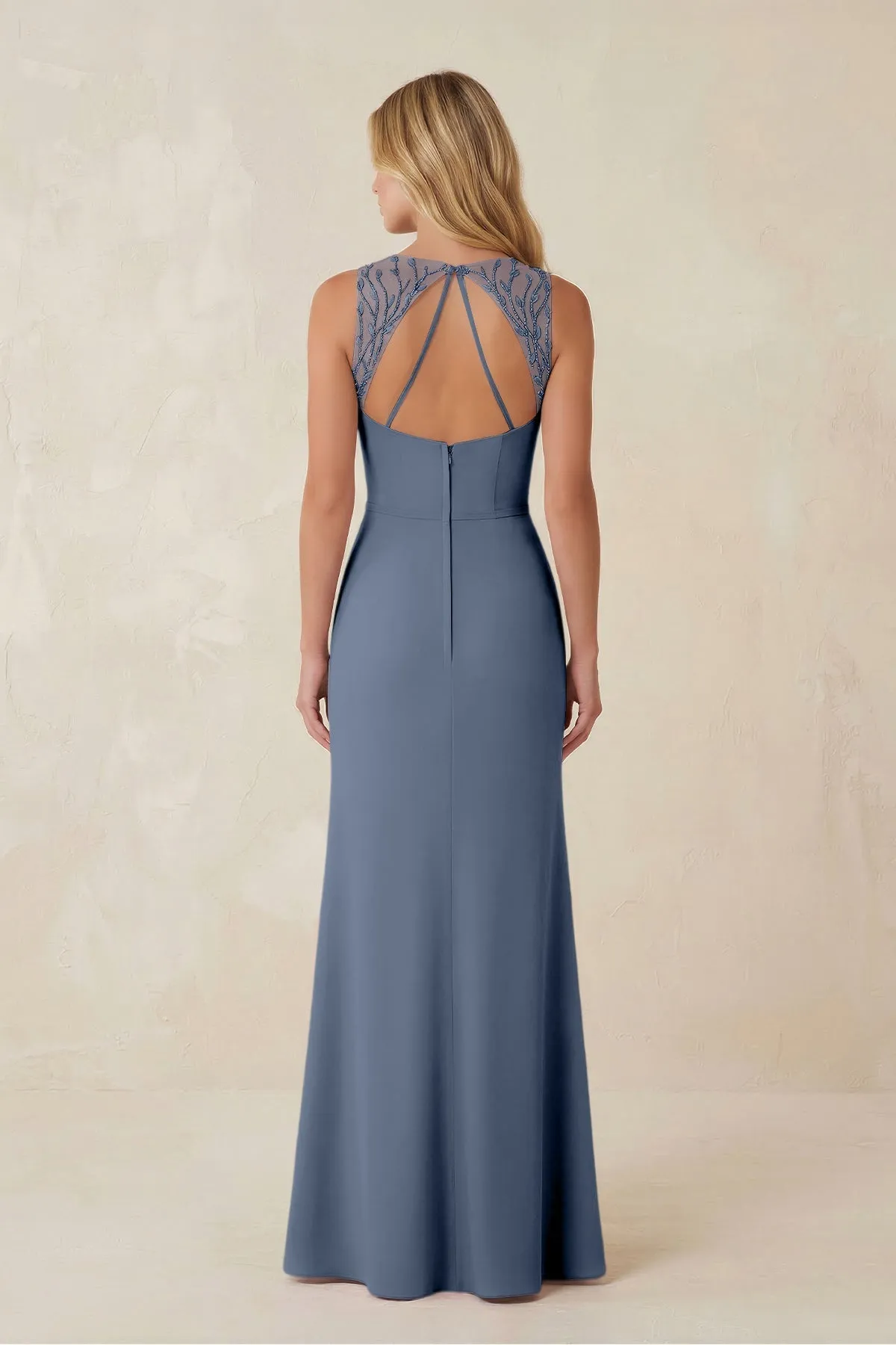 Round Neck Sheath Chiffon Appliqued Bridesmaid Dress in Neptune sold by KissProm product image thumbnail 2