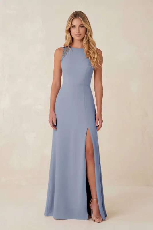 Round Neck Sheath Chiffon Appliqued Bridesmaid Dress in Twilight made by KissProm