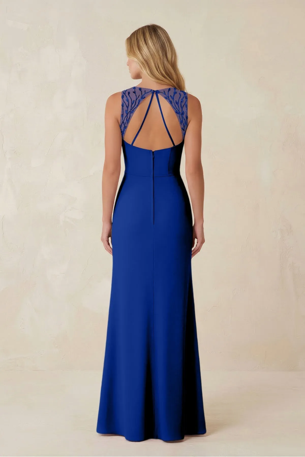 Round Neck Sheath Chiffon Appliqued Bridesmaid Dress in Royal Blue sold by KissProm product image thumbnail 2