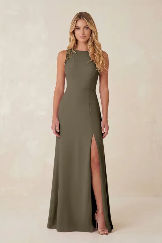 Round Neck Sheath Chiffon Appliqued Bridesmaid Dress in Willow Green made by KissProm