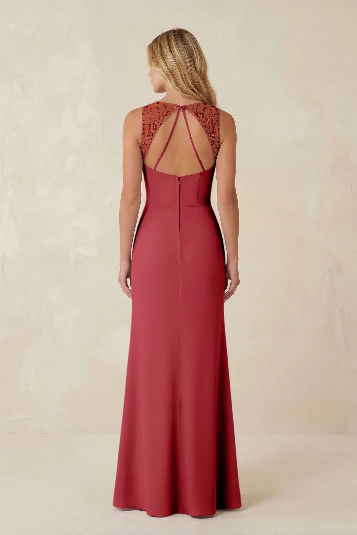 Round Neck Sheath Chiffon Appliqued Bridesmaid Dress in Merlot sold by KissProm product image thumbnail 2