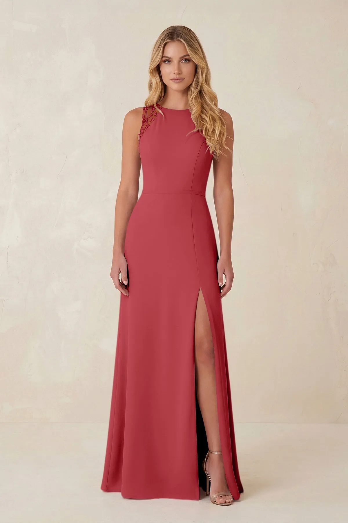 Round Neck Sheath Chiffon Appliqued Bridesmaid Dress in Merlot sold by KissProm