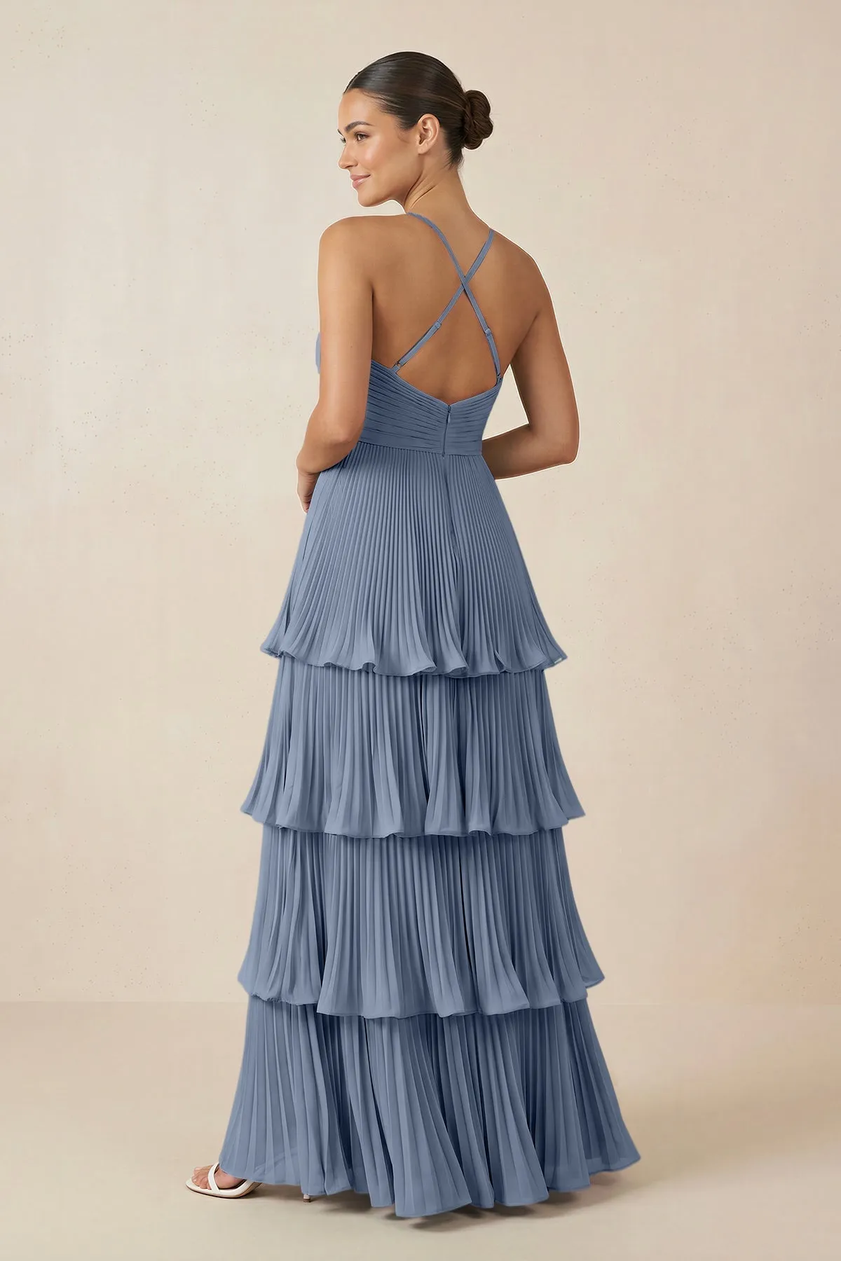 Tiered Pleated V-Neck A-Line Chiffon Bridesmaid Dress in Neptune sold by KissProm product image thumbnail 2