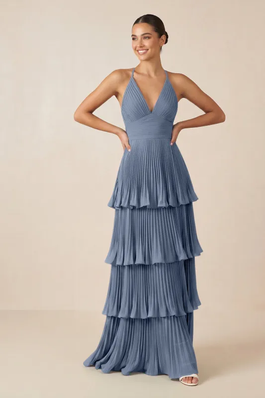 Tiered Pleated V-Neck A-Line Chiffon Bridesmaid Dress in Neptune made by KissProm